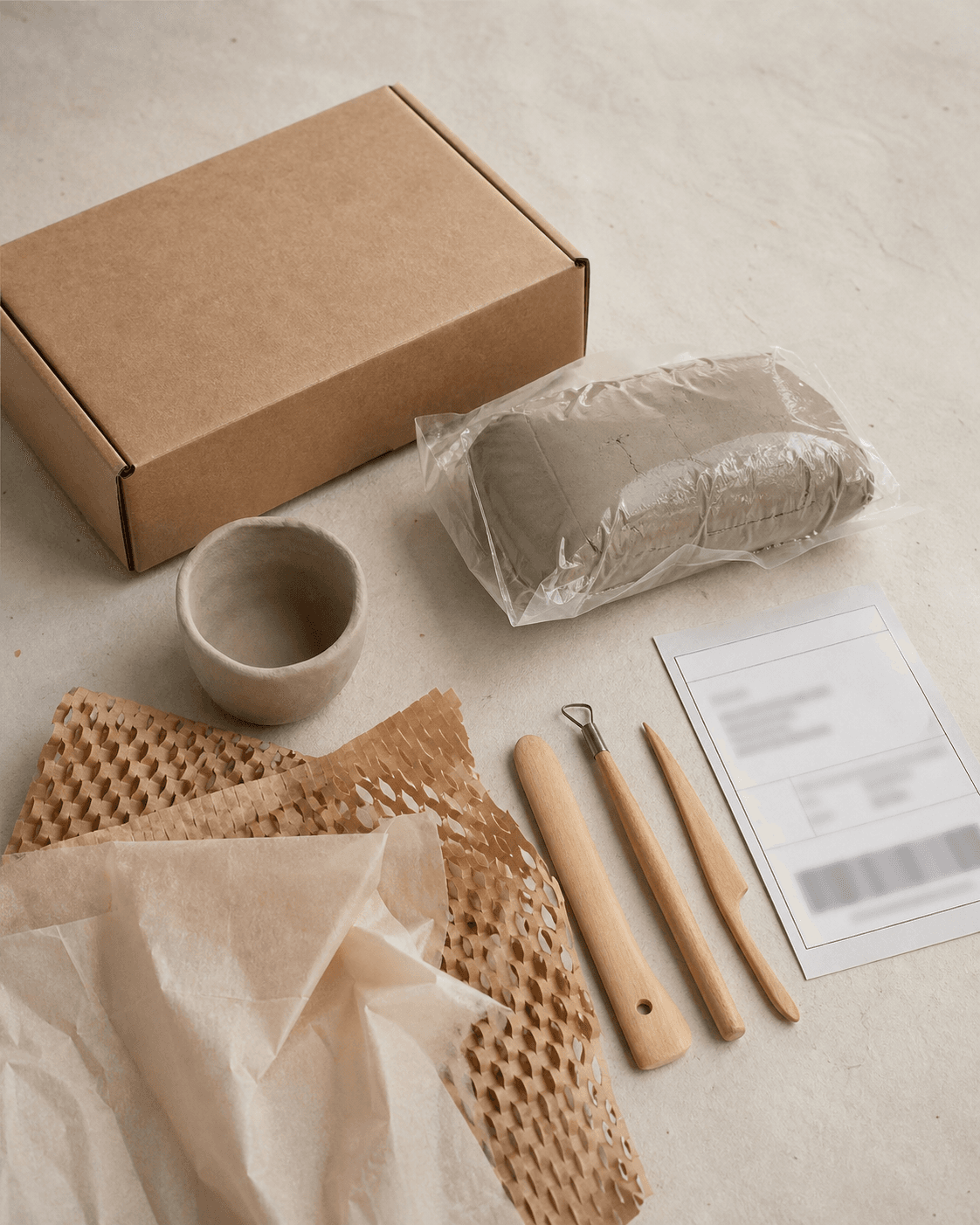 Clay at Home kit with sealed clay, wooden tools, wrapping paper, return label, and a handmade pinch cup