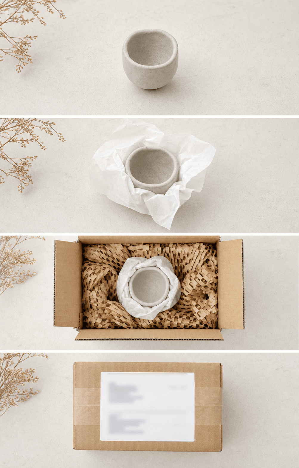 Four views showing a dry clay cup, the cup wrapped in tissue, cushioned inside its return box, and the sealed labelled box